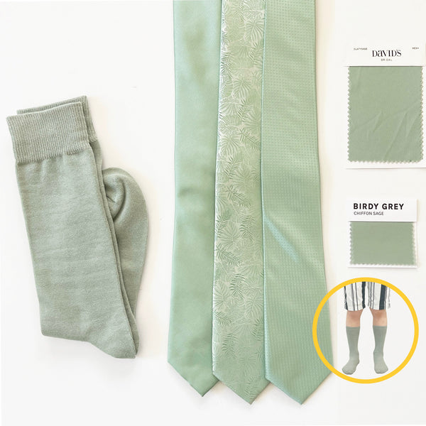 Similar to David's Bridal DUSTY SAGE Birdy Grey CHIFFON Sage Green Mens/Kids (Ring Bearer) /Groomsmen Socks & NeckTie for Beach Wedding