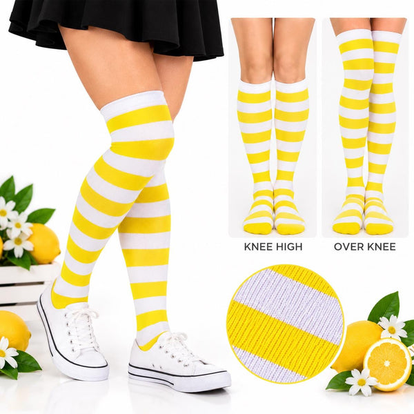 Yellow & White Striped Socks, Knee High or Over Knee Costume Socks for Women