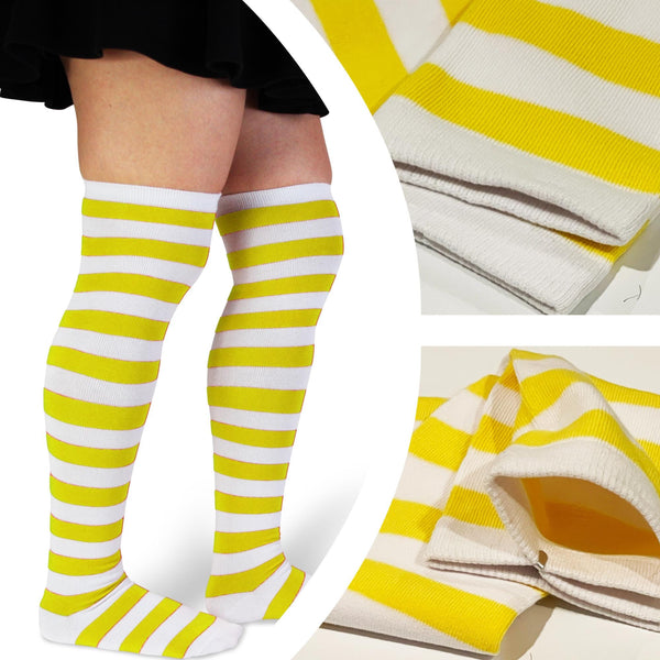 Yellow & White Striped Socks, Knee High or Over Knee Costume Socks for Women