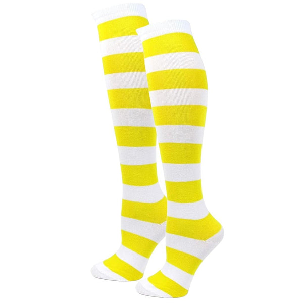 Yellow & White Striped Socks, Knee High or Over Knee Costume Socks for Women