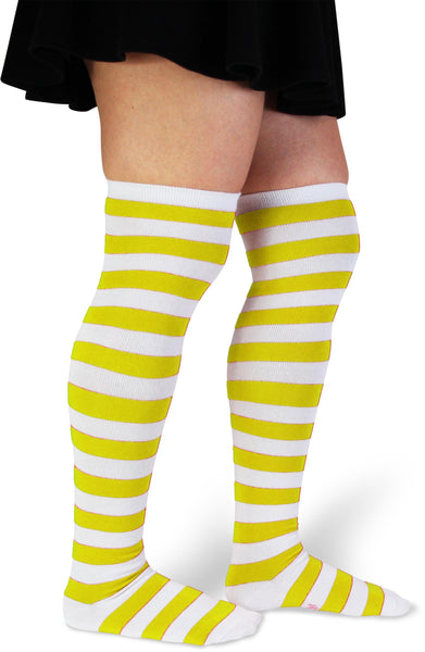 Yellow & White Striped Socks, Knee High or Over Knee Costume Socks for Women
