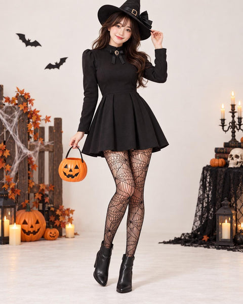 Black spiderweb tights with a pleated dress, witch hat and pumpkin bucket