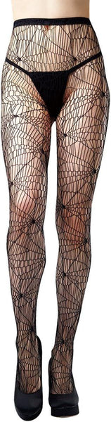 Black spiderweb fishnet tights with opaque waistband and crotch panel