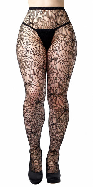 Black full-length spiderweb fishnet pantyhose with black heels