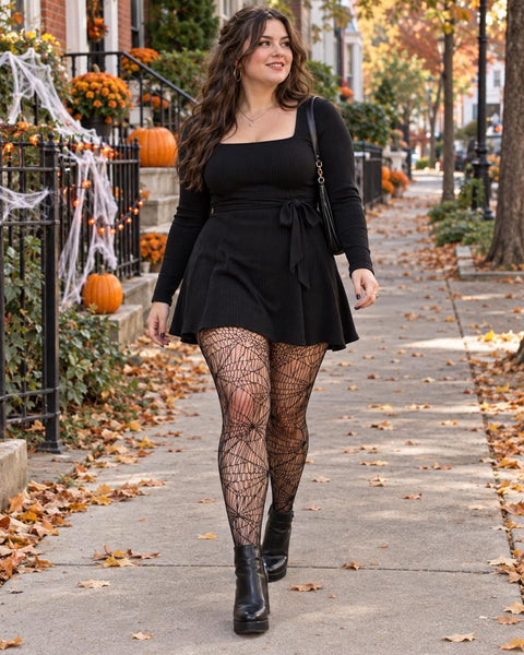 Black spiderweb sheer tights worn with a ribbed dress and platform boots