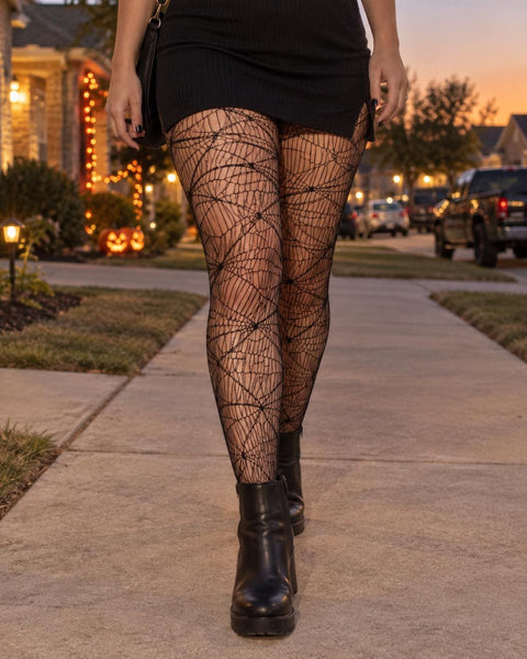 Black spiderweb fishnet tights styled with a short skirt and ankle boots