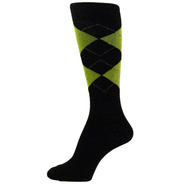 Black Lime Green Men's Argyle Dress Socks For Wedding & Halloween MA026
