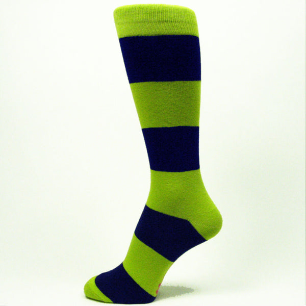 Lime Green With Navy Wide Striped Mens dress Socks for Wedding MA031
