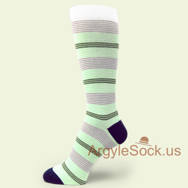 White With Green Brown Mauve Thin Striped Mens dress Socks for wedding - MA074