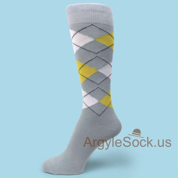 Gray Yellow White, Men's Groomsmen Wedding Argyle Dress Socks -MA069