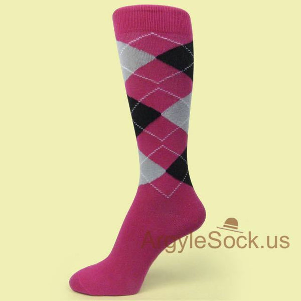 Hot Pink/Black/Light Grey Men's Groomsmen Wedding Argyle Dress Socks MA071