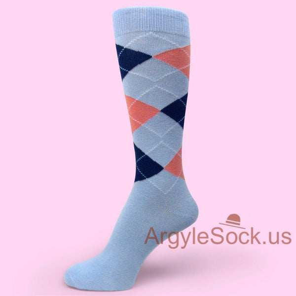 Light Blue Peach Navy Blue Argyle Dress Socks for Groomsmen Wedding MA070