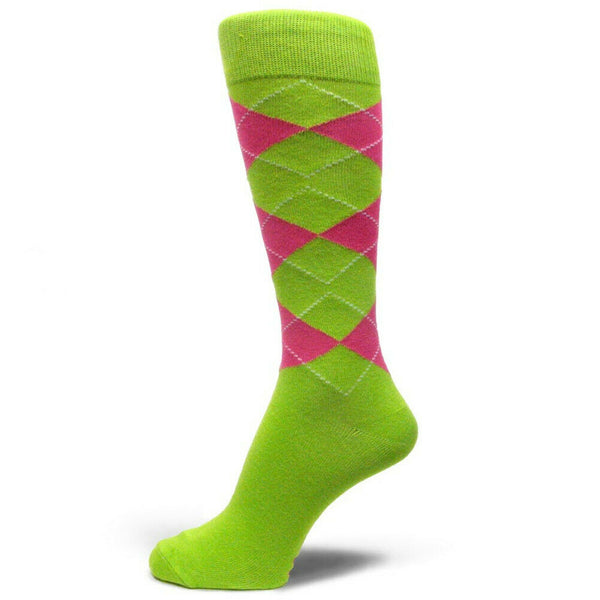 Lime Green/Hot Pink  Men's Groomsmen Wedding Argyle Dress Socks --MA044