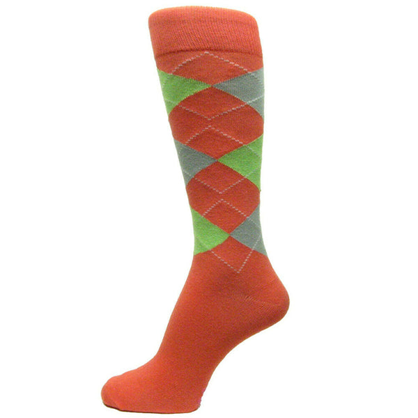 Men's Groomsmen Wedding Coral/ Apple Green/Light Gray  Argyle Dress Socks - MA045