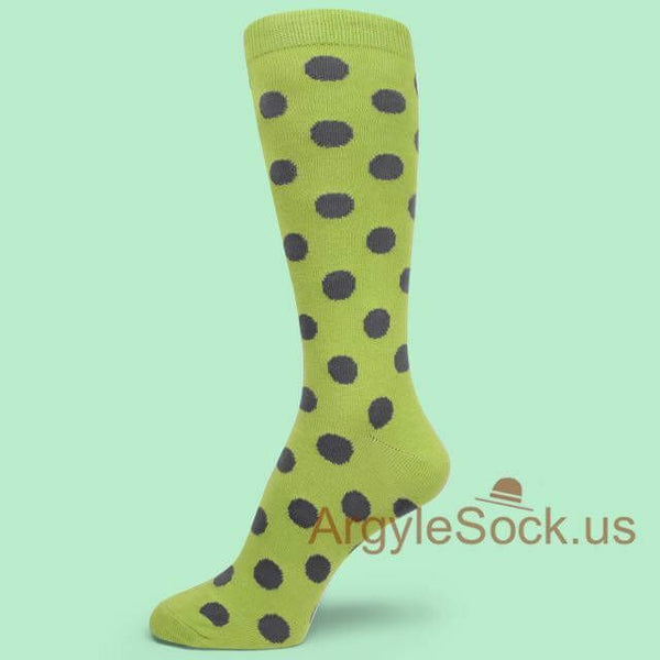 Men's Groomsmen Wedding  Lime Green dress socks with Grey polka dots MA106