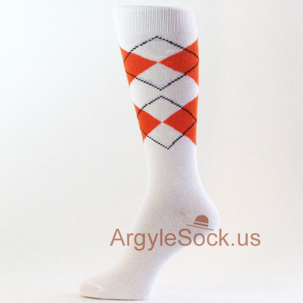 White Orange Men's Groomsmen Wedding Argyle Dress Socks MA023