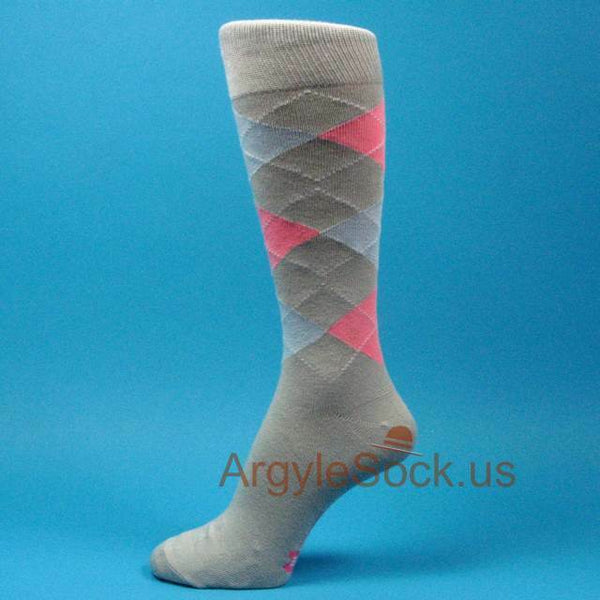 Light Gray Light Blue Light Pink Men's Groomsmen Wedding Argyle Dress Socks - MA25