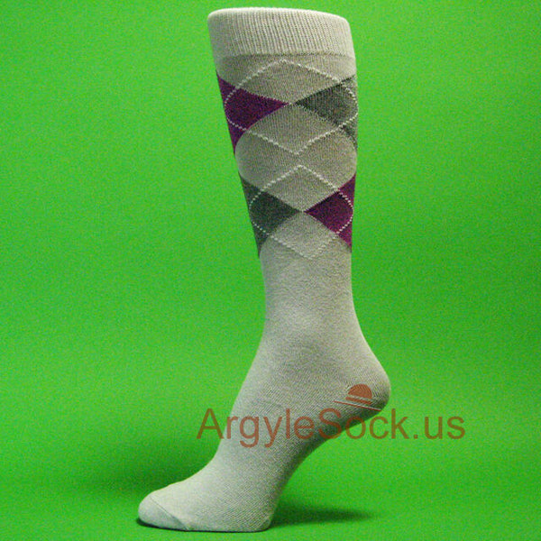 Light Gray Purple, Dark Gray Men's Groomsmen Wedding Argyle Dress Socks MA27