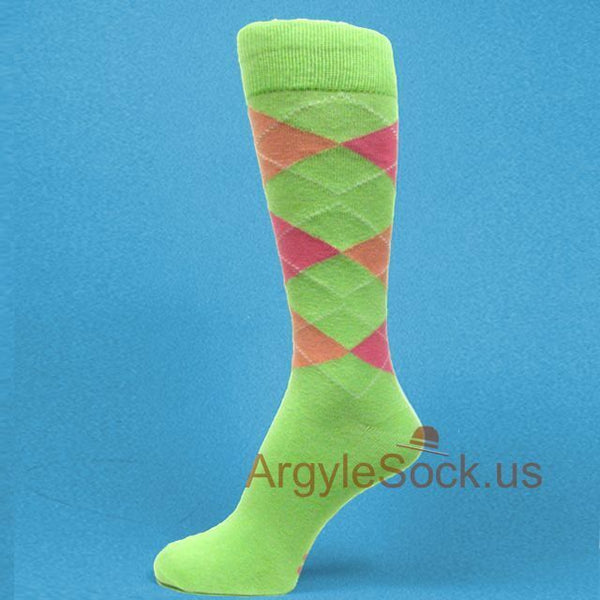 Mint Green/Bright Pink/ Peach Men's Groomsmen Wedding Argyle Dress Socks MA032