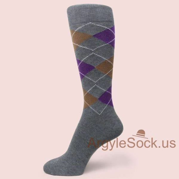 Charcoal Gray/ Brown/Purple Men's Groomsmen Wedding Argyle Dress Socks -MA067