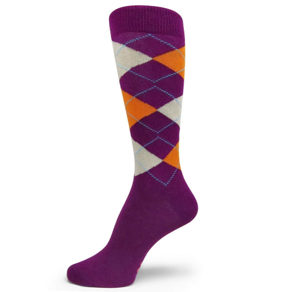 Purple with Orange and Beige Men's Groomsmen Wedding Argyle Dress Socks --MA088