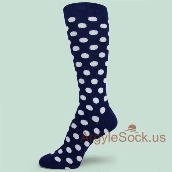 Men's Groomsmen Wedding  Navy Blue dress socks with White polka dots --MA110