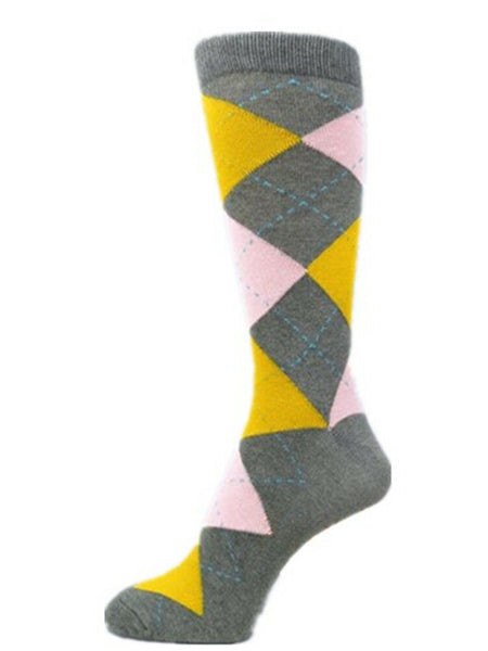 Dark Gray/Yellow/Light Pink Men's Groomsmen Wedding Argyle Dress Socks USH586