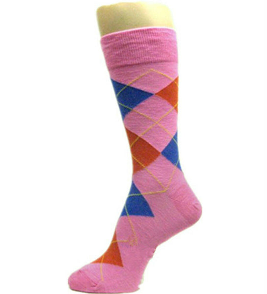 Dark Pink/Texas Orange/Blue Men's Groomsmen Wedding Argyle Dress Socks USH432