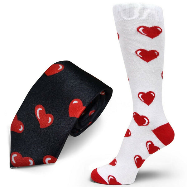 Valentine's Day Gift Men's Necktie(Black/Red)& Dress Socks(White/Red)Set