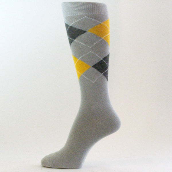 XL Light Gray Charcoal Gray Yellow Men's Groomsmen Argyle Dress Socks-MA020
