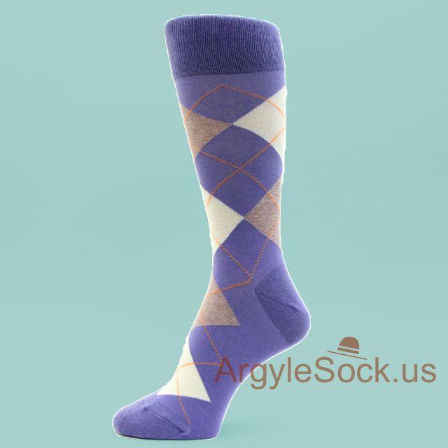 Shades of Purple Men's Groomsmen's Dress Socks (Lavender, Lilac, Light Purple) USH367-Khaki and White On Lavender