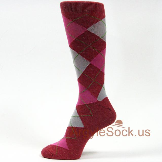 MAROON/BURGUNDY/RED Men's Groomsmen Argyle Dress Socks-non-brand, FREE-SHIPPING USH087-Hot Pink and Light Grey on Dark Red