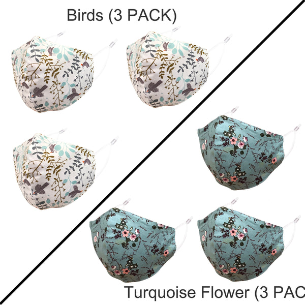 Face Mask with Nose Wire, Filter Pocket, Ear Loop Adjust, 3 Pack, Adult (Cotton Print Mask, Kawaii Mask, Floral Masks, Gray Solid Mask, etc)
