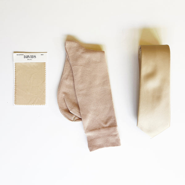 Similar to David's Bridal's NB CHAMPAGNE color Men's Socks & Neck Tie For Groomsmen and Bridesmaid father in a Champagne /Ivory Wedding