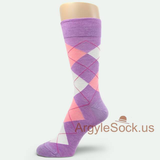 Shades of Purple Men's Groomsmen's Dress Socks (Lavender, Lilac, Light Purple) USH744-Neon Light Peach and White On Lavender