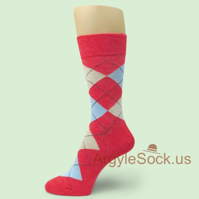 MAROON/BURGUNDY/RED Men's Groomsmen Argyle Dress Socks-non-brand, FREE-SHIPPING USH589-Light Blue and Beige on Red